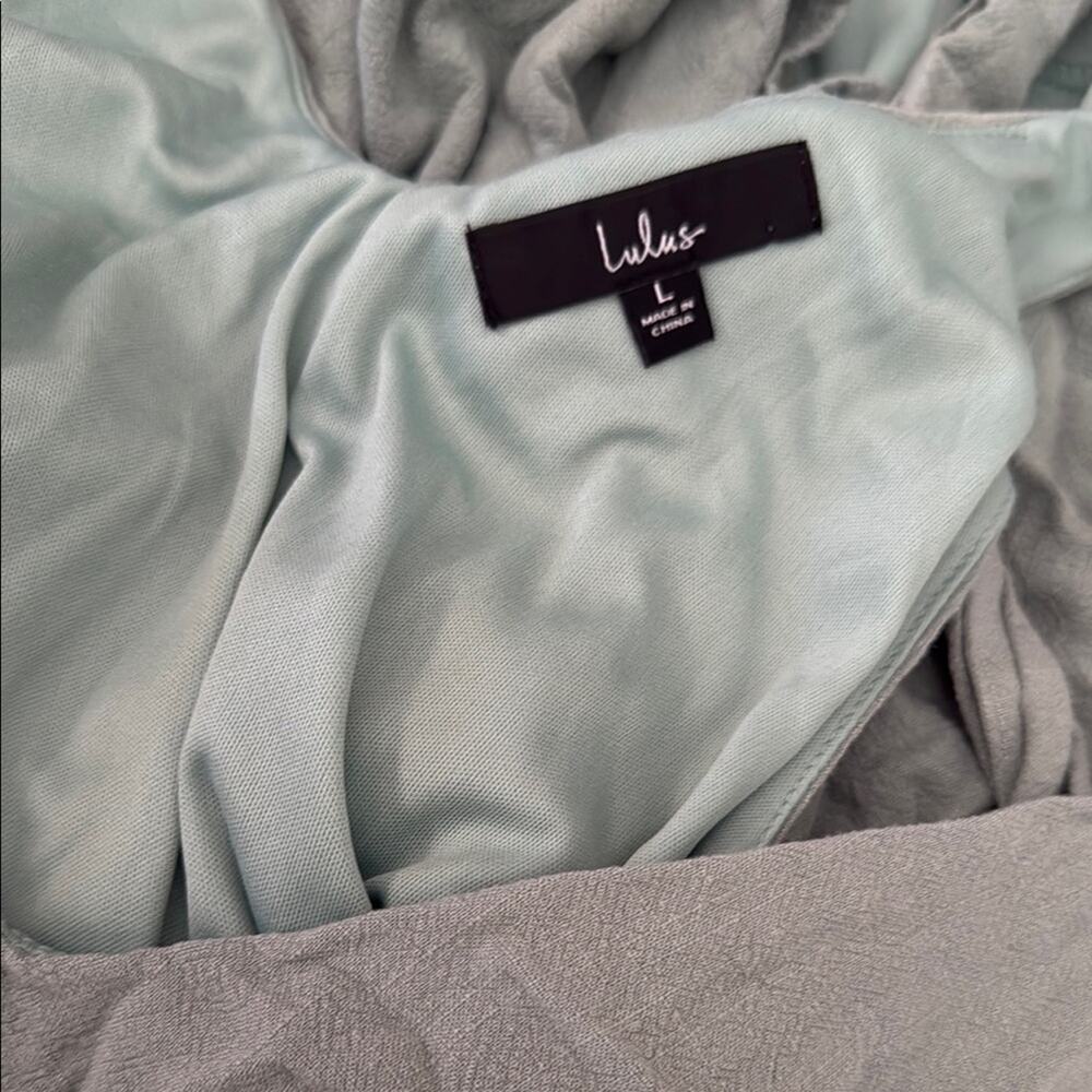 Lulus out to brunch linen blend sage tie back romper size L - Picture 3 of 4